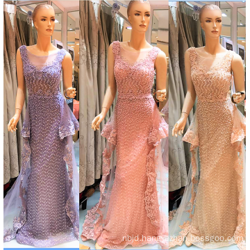 2017 Sleeveless See Through Tulle Neck Beaded Flouncing Decoration on Waist Floor-length Trail Evening Dress